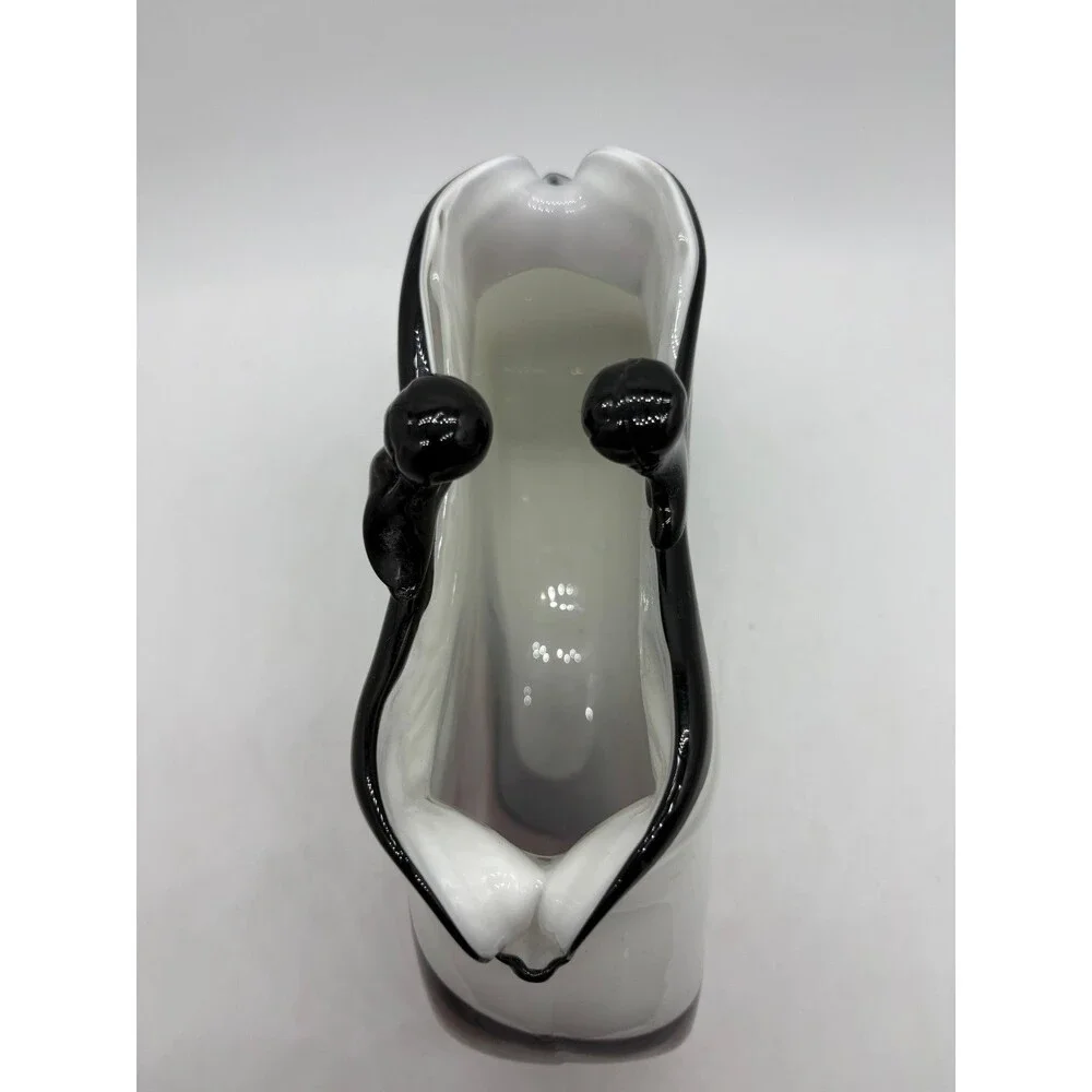 Vintage Murano Style Art Glass Vase White Burgundy Black Hand Blown Purse Pocket
